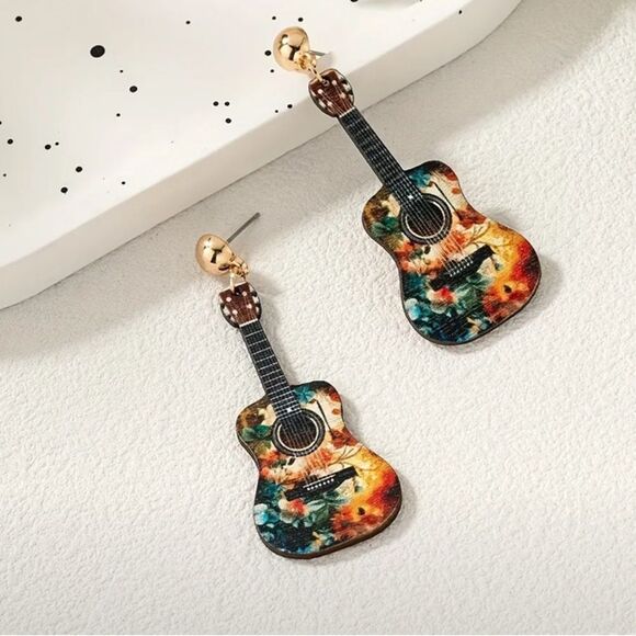 ✨ 🌸🆕 🌸✨ Bohemian Guitar Pendant Earrings - Recycled Wood Design✨ 🌸🎨 - Picture 9 of 14